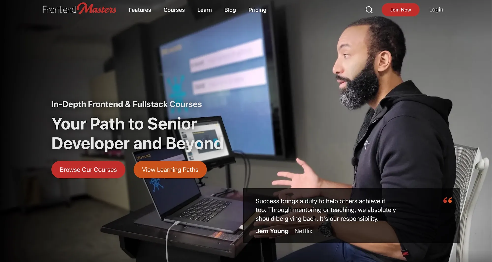 The redesigned Frontend Masters homepage featuring teacher quotes